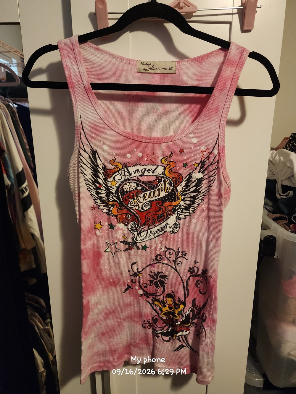 Vintage Pink Tie-Dye Winged Heart Graphic Tank Top